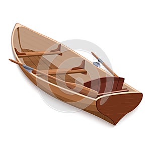 Wooden boat with oars, colorful graphic drawing, vector illustration. Skiff from brown wooden boards with two paddle and seats photo