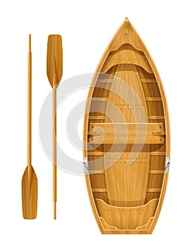 Wooden boat with paddles for fishing.