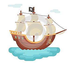 Wooden boat pirate buccaneer sailing filibuster bounty corsair journey sea dog ship game icon isolated cartoon flat photo