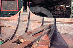 Wooden boat restoration. Shipwright woodwork workshop