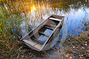 Wooden boat on river bank
