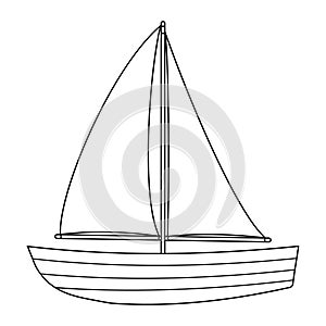 Wooden boat with sail black outline doodle, vector illustration on white background.