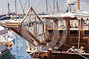 Wooden boat sailboat in harbor