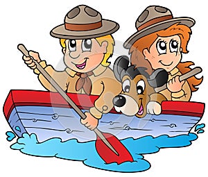 Wooden boat with scout boy and girl