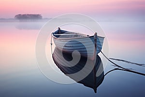 Wooden boat tethered on calm water at dawn