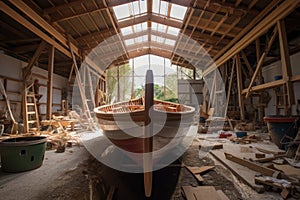 wooden boat under construction in a boatbuilders workshop