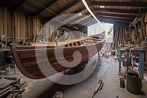 wooden boat under construction in a boatbuilders workshop