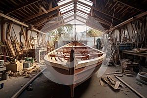 wooden boat under construction in a boatbuilders workshop