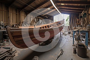 wooden boat under construction in a boatbuilders workshop photo