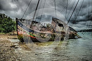 Wooden boat wreck in Brittany - France