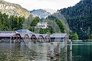 Wooden Boathouses in Lake Koenigssee in Schoenau, Bavaria