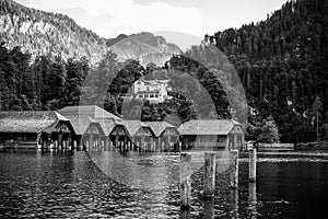 Wooden Boathouses in Lake Koenigssee in Schoenau, Bavaria