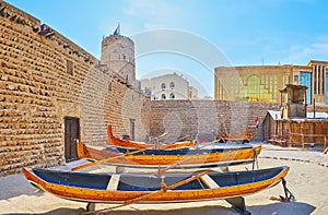 The wooden boats in court of Al Fahidi Fort, Dubai, UAE