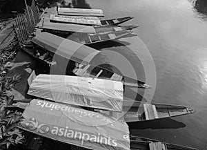 Wooden boats on Ganges river in Varanasi, India