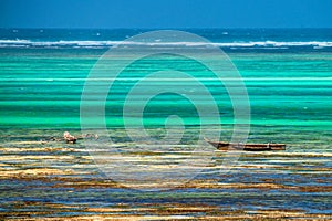 Wooden boats at low tide on beach in Zanzibar