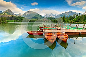 Wooden boats on the mountain lake,Strbske Pleso,Slovakia,Europe