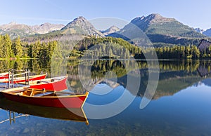 wooden boats on the pier in a mountain lake