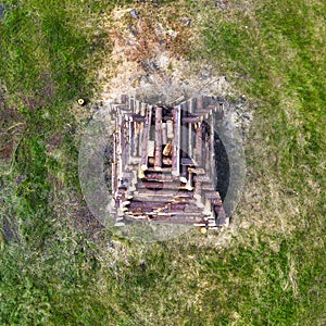 Wooden bonfire without fire from drone