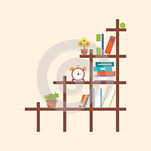 Wooden book shelf and element, flat design