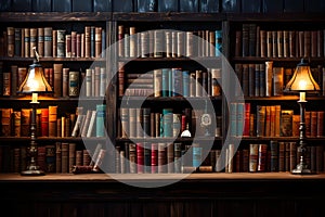 Wooden book shelf filled with books in various shape and sizes, two lighted lamps on a desk, Generative AI