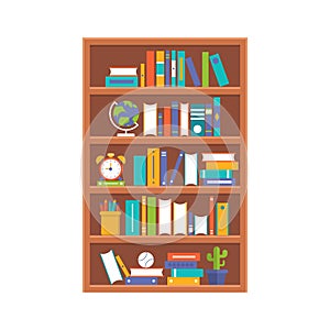 Wooden book shelf, flat design vector illustration