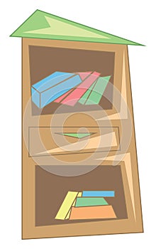 A wooden book shelf with loads of books stacked inside vector color drawing or illustration