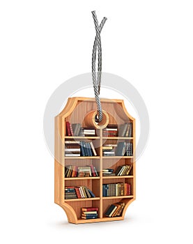 wooden bookcase with books in form of sale label