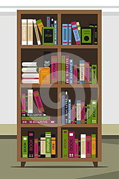 Wooden bookcase flat vector illustration
