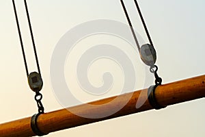 Wooden boom on a classic wooden sail ship