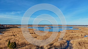 Wooden Bords Trail Through the Kaniera Lake Reeds Aerial Spring Shot Lapmezciems, Latvia