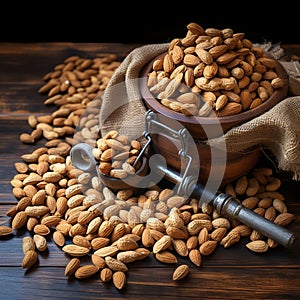 Wooden bounty Dried nuts elegantly arranged in rustic brown sacks