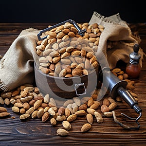 Wooden bounty Dried nuts elegantly arranged in rustic brown sacks