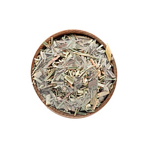 Wooden bowl of aromatic dried lemongrass isolated on white, top view