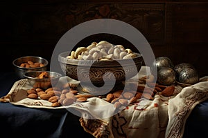 A wooden bowl with assorted nuts on the table on a black background. Walnuts, pistachios, almonds, hazelnuts and cashews