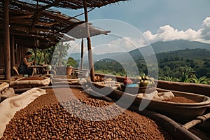 a wooden bowl with coffee beans in it and a plant in the background From Farm to Cup Optimizing