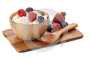 wooden bowl with cottage cheese