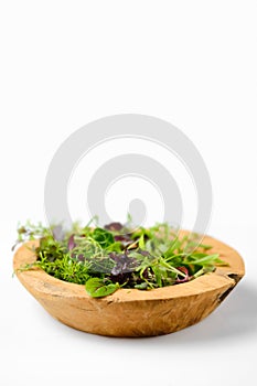 Wooden bowl with different microgreens