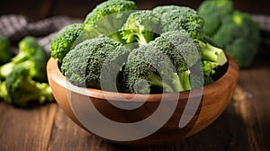 Wooden bowl filled with broccoli florets