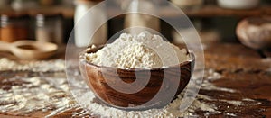 Wooden Bowl Filled With Flour on Table