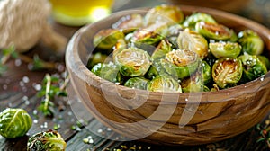 A wooden bowl filled with freshly roasted Brussels sprouts tossed in a blend of organic oils and sprinkled with sea salt