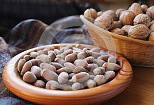 Wooden Bowl Filled with Hazel Nuts, Natural Food