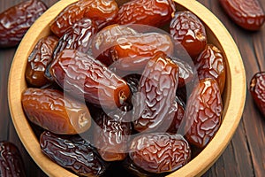 Wooden bowl filled with Medjool dates on table, top view