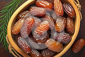 Wooden bowl filled with Medjool dates on table, top view