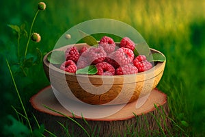 Wooden bowl filled with ripe and juicy raspberries rests delicately on the lush green grass.