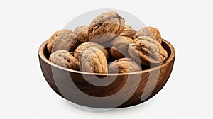 Photo of a wooden bowl filled with walnuts on a white background