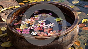 A wooden bowl filled with water and floating flower petals used in Thai traditional healing ceremonies known as Luk Pra