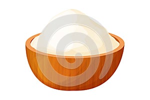 Wooden bowl with flour, wood plate in cartoon style isolated on white background. Baking raw powder grain.