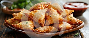 Wooden Bowl With Fried Food and Dipping Sauce