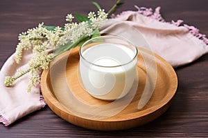 wooden bowl with frothing milk for skin treatment