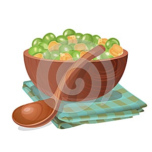 Wooden bowl with green and yellow peas in it photo